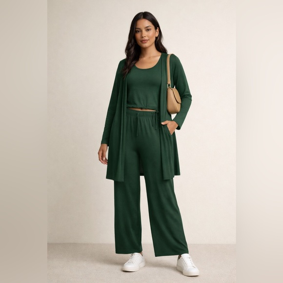 Ekouaer Pants - Ekouaer Evergreen 3-Pc Lounge Set Ribbed Tank, Wide-Leg Pants & Duster Cardigan